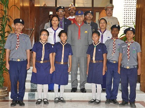 The Governor of Arunachal Pradesh Lt. Gen (Retd) Nirbhay Sharma with Scouts and Guides on the foundation day of Bharat Scouts and Guides movement, which is observed as Flag Day at Raj Bhawan, Itanagar on 7th November 2014